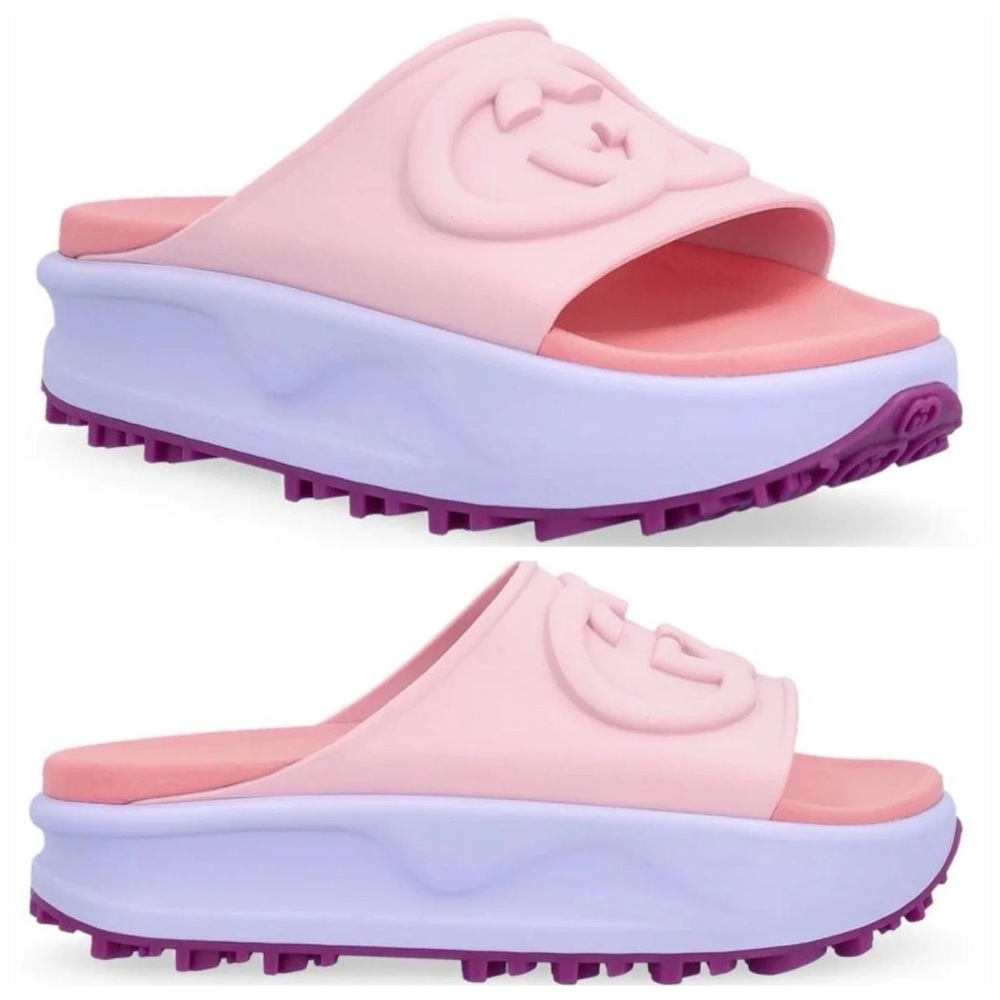 GUCCI Pink & Purple Platform Mules RUBBER SLIDES Size 37/7